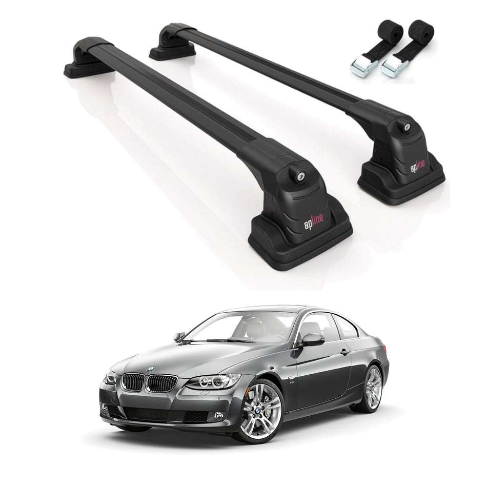 Roof Bars Compatible with BMW 3 Series (E92) 2006-2013, Black, 2 Bars with Straps