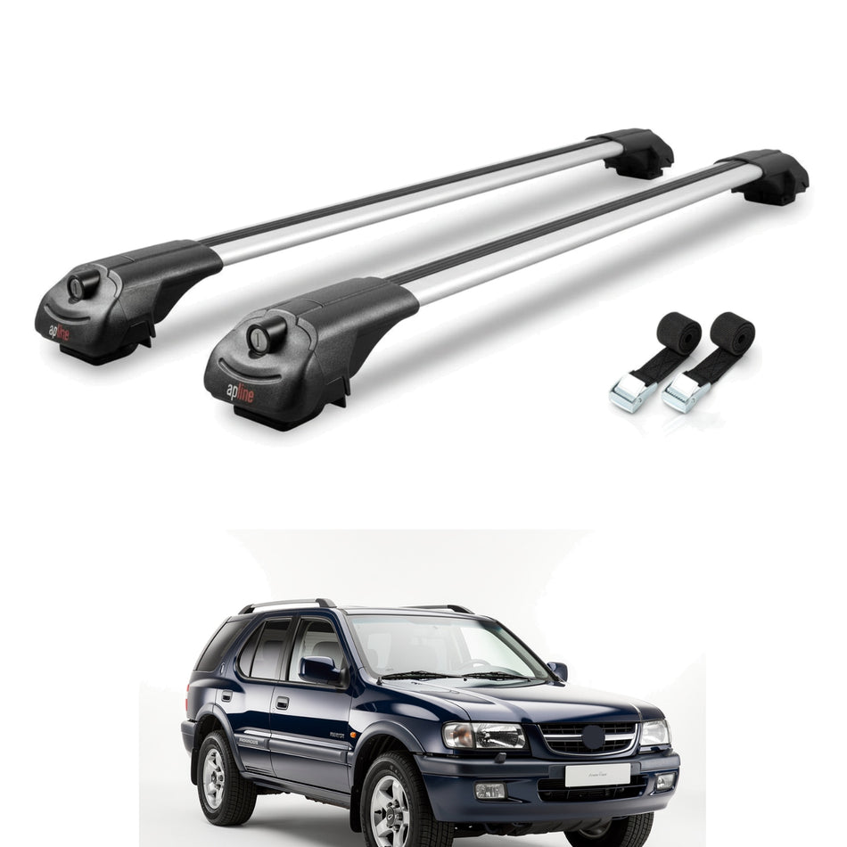 Roof Bars Compatible with Opel Frontera Sport 2 1999-2004, Grey, 2 Bars with Straps.
