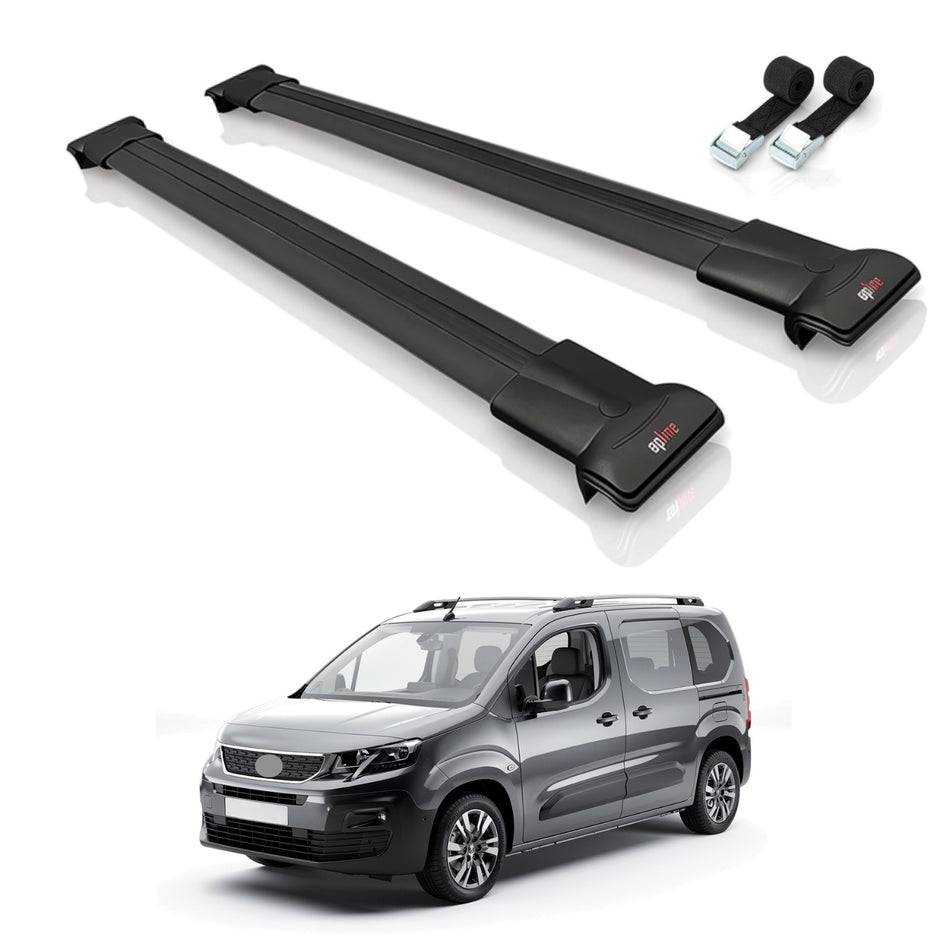 Roof Bars Compatible with Peugeot Partner 3 2019-2022, Black, 2 Bars with Straps