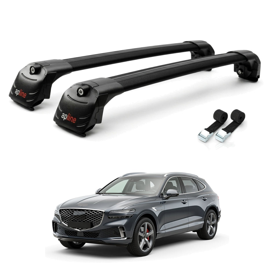 Roof Bars Compatible with Genesis GV70 (JK1) 2022-2025, Black, 2 Bars with Straps