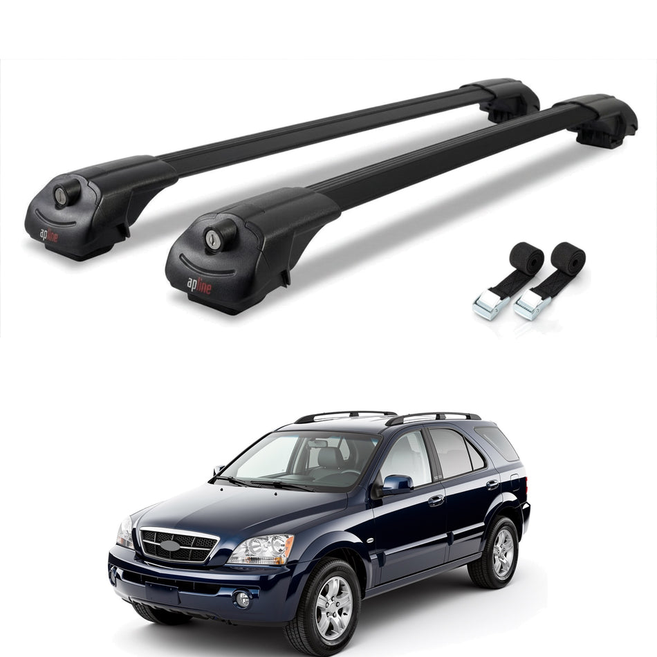 Roof Bars Compatible with Kia Sorento (BL) 2002-2009, Black, 2 Bars with Straps