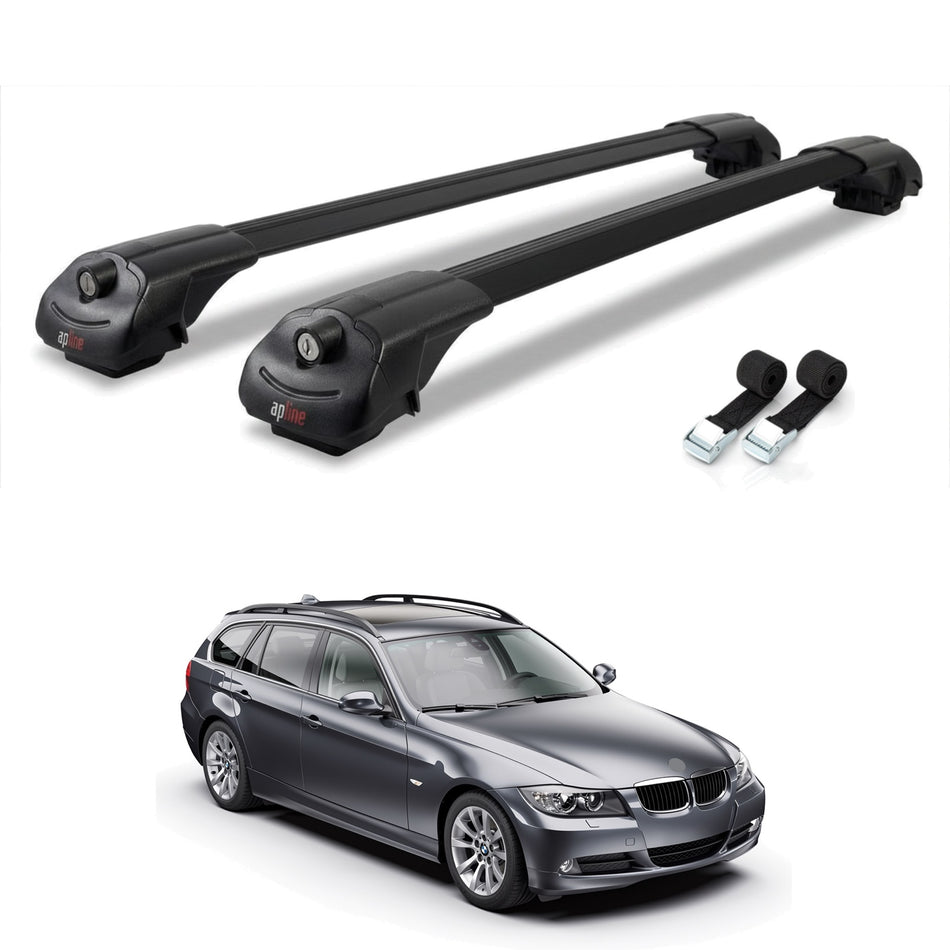 Roof Bars Compatible with BMW 3 Series E91 Touring 2006-2011, Black, 2 Bars with Straps