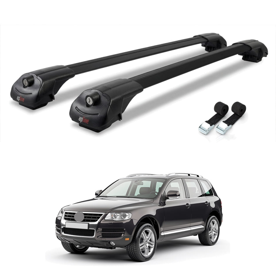 Roof Bars Compatible with Volkswagen Touareg (7L) 2003-2010, Black, 2 Bars with Straps