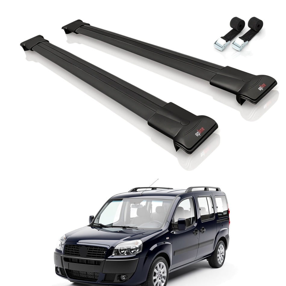 Roof Bars Compatible with Fiat Doblo 2000-2009, Black, 2 Bars with Straps