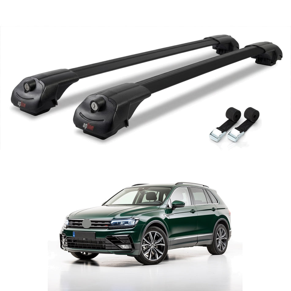 Roof Bars Compatible with Volkswagen Tiguan 2 (AD1) Pre-Facelift 2016-2020, Black, 2 Bars with Straps