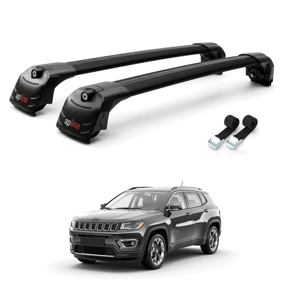 Roof Bars Compatible with Jeep Compass 2017-2025, Black, 2 Bars with Straps
