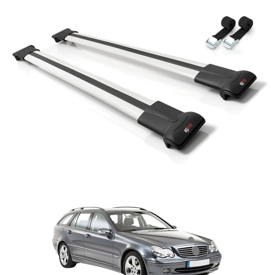 Roof Bars Compatible with Mercedes C Class 2 (S203) 2000-2007, Grey, 2 Bars with Straps