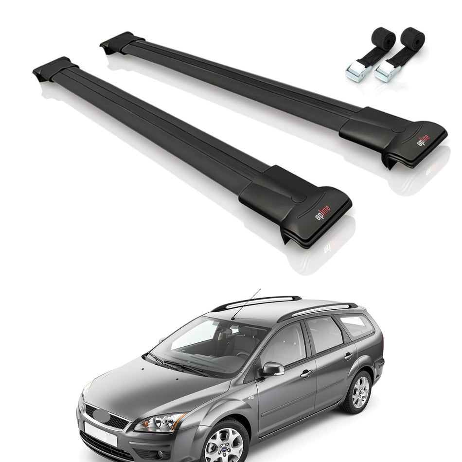 Roof Bars Compatible with Ford Focus 2 (C307) SW 2005-2010, Black, 2 Bars with Straps