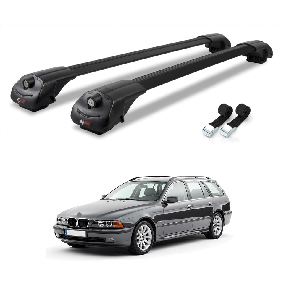 Roof Bars Compatible with BMW 5 Series (E39) Touring 1997-2003, Black, 2 Bars with Straps