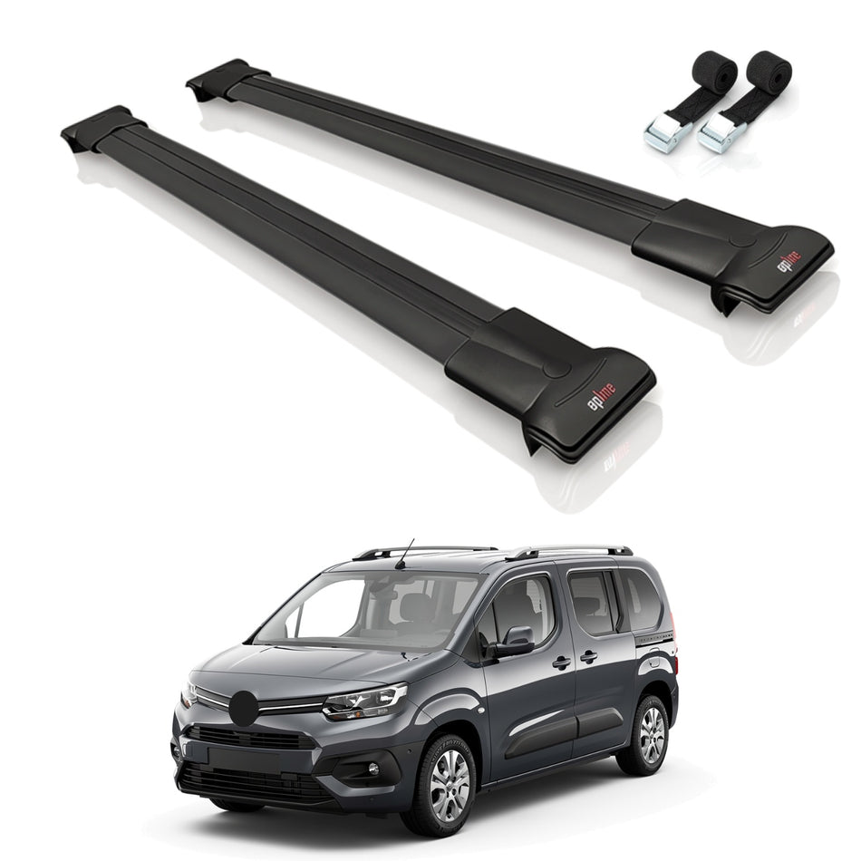 Roof Bars Compatible with Toyota Proace City Verso 2019-2022, Black, 2 Bars with Straps