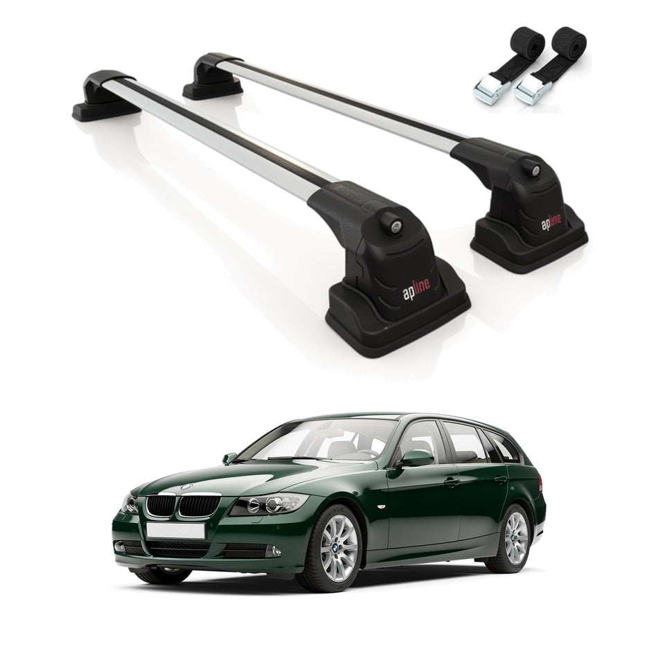 Roof Bars Compatible with BMW 3 Series Touring (E91) 2006-2012, Grey, 2 Bars with Straps