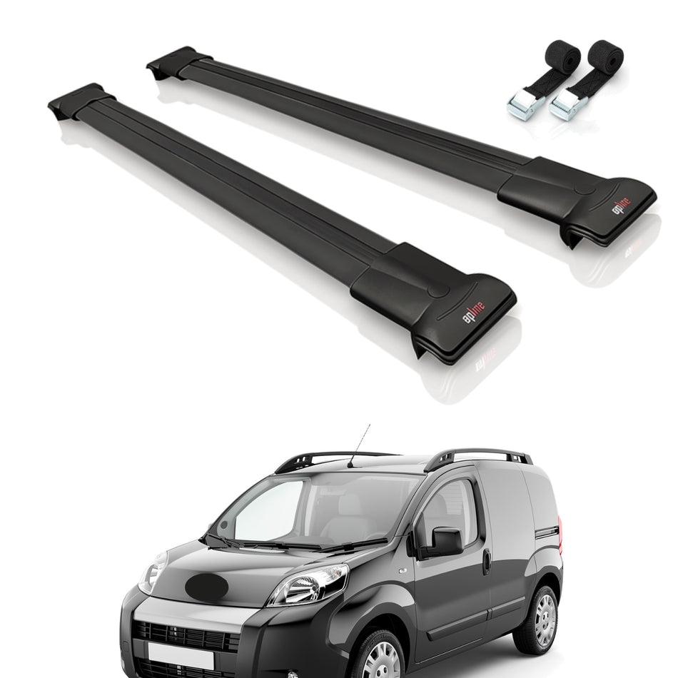 Roof Bars Compatible with Peugeot Bipper 2008-2017, Black, 2 Bars with Straps