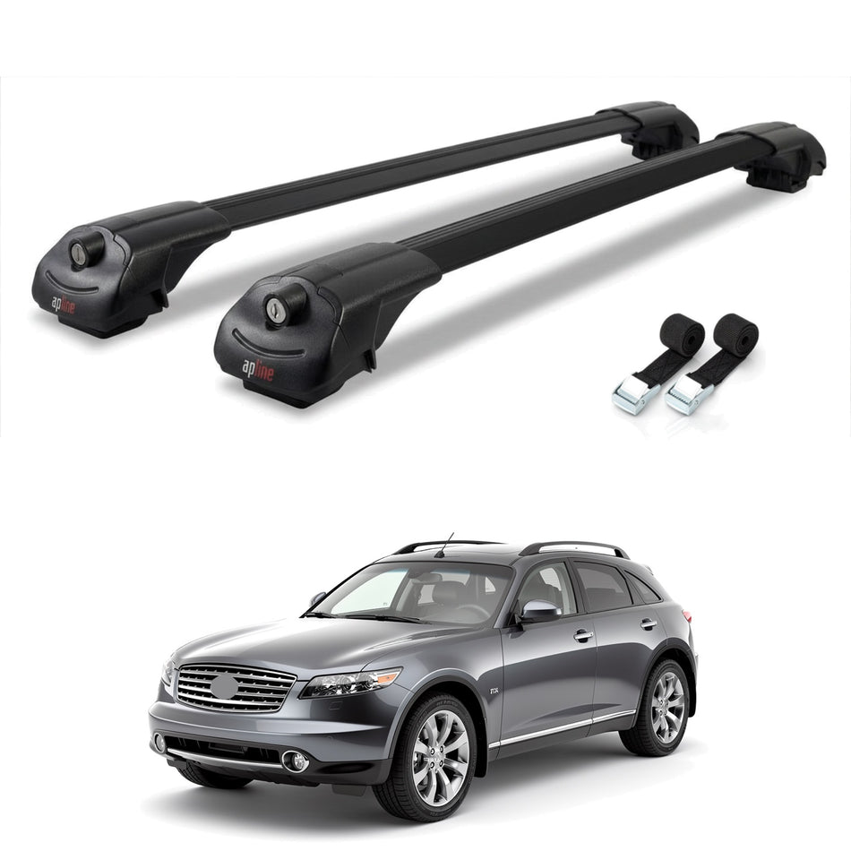 Roof Bars Compatible with Infiniti FX (S50) 2003-2008, Black, 2 Bars with Straps