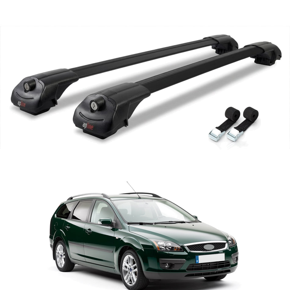 Roof Bars Compatible with Ford Focus 2 (C307) SW 2005-2010, Black, 2 Bars with Straps