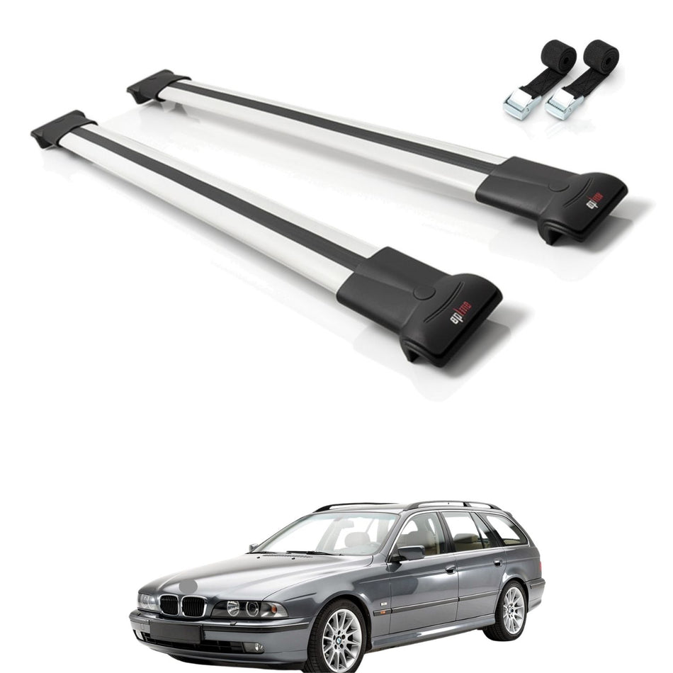 Roof Bars Compatible with BMW 5 Series (E39) Touring 1997-2003, Grey, 2 Bars with Straps