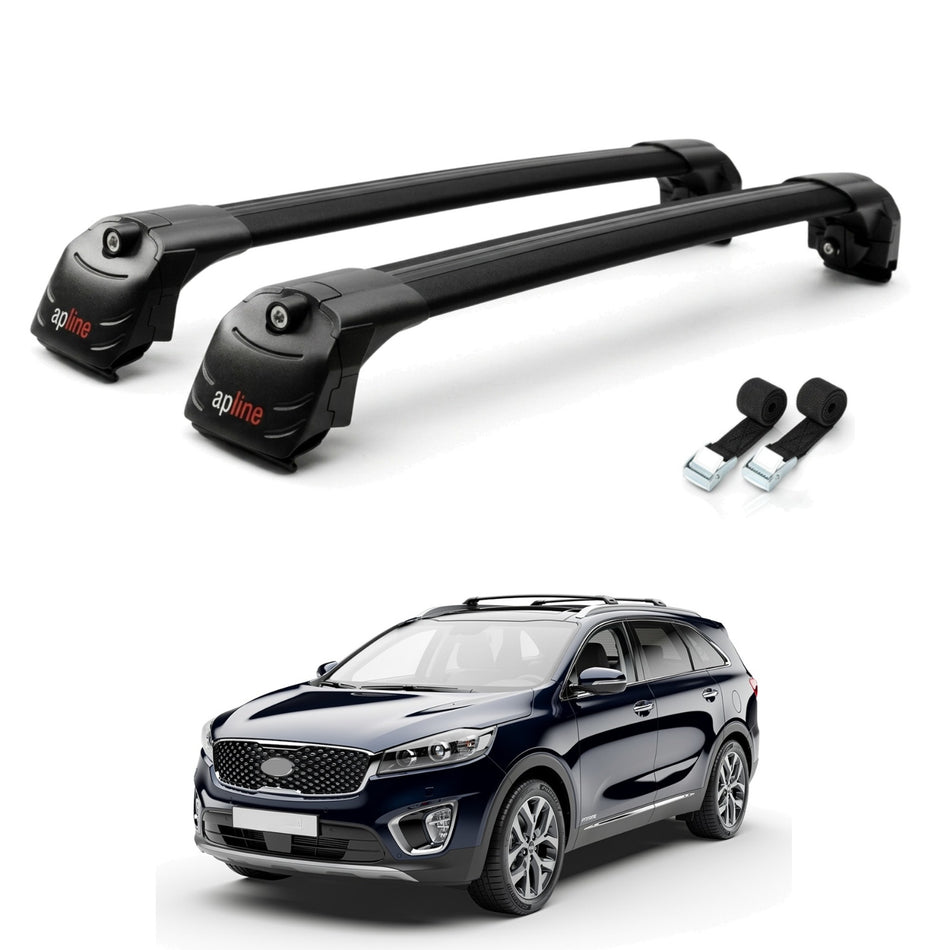 Roof Bars Compatible with Kia Sorento 3 (UM) Prime 2015-2020, Black, 2 Bars with Straps