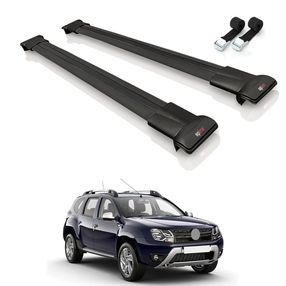 Roof Bars Compatible with Renault Duster (HS) Post-Facelift 2014-2017, Black, 2 Bars with Straps
