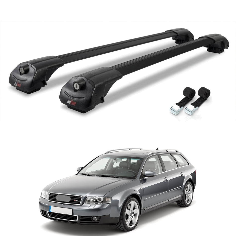 Roof Bars Compatible with Audi A4 (B6) Avant 2002-2004, Black, 2 Bars with Straps
