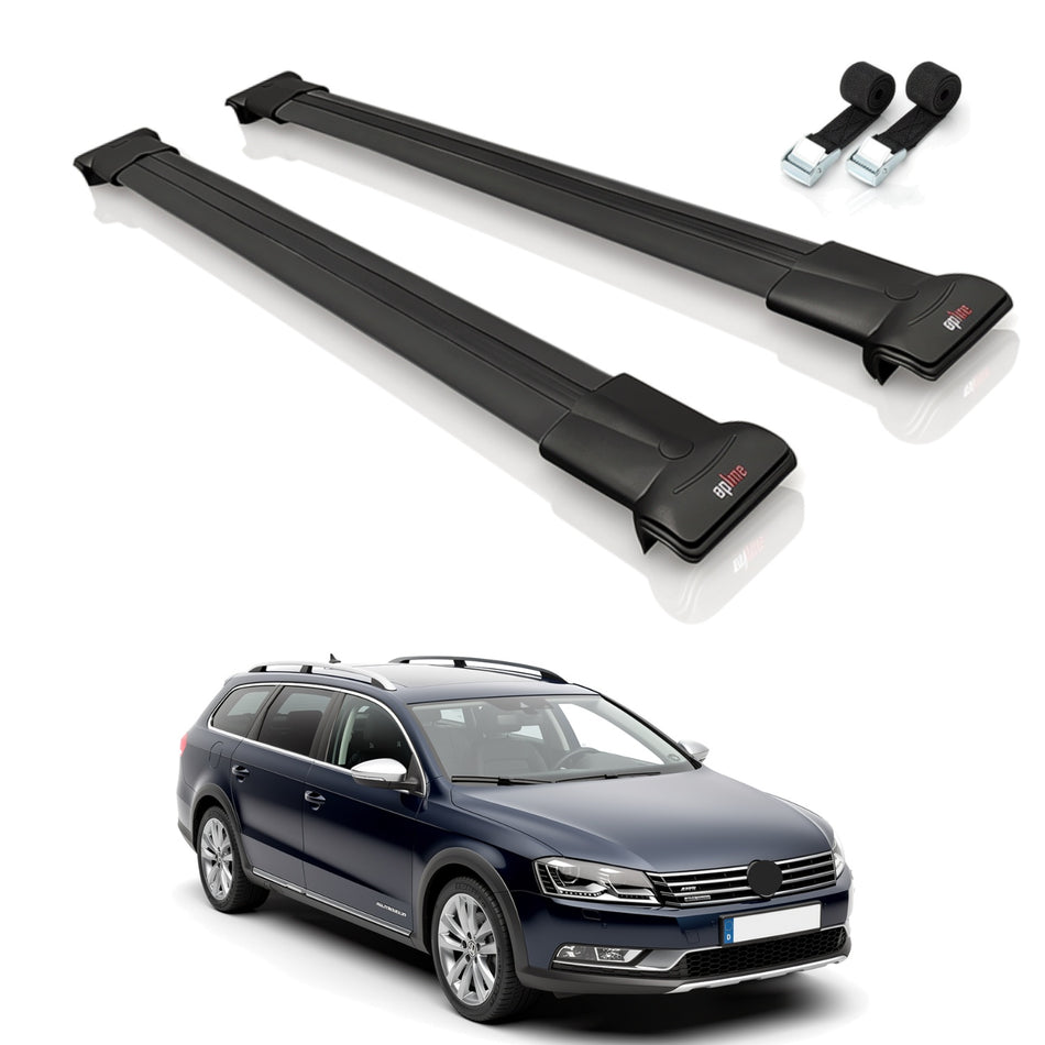 Roof Bars Compatible with Volkswagen Passat B7 (3C) Alltrack 2012-2014, Black, 2 Bars with Straps