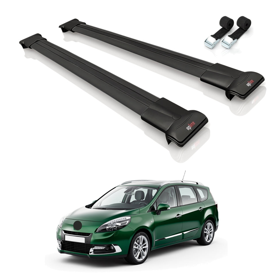 Roof Bars Compatible with Renault Grand Scenic 3 2009-2016, Black, 2 Bars with Straps