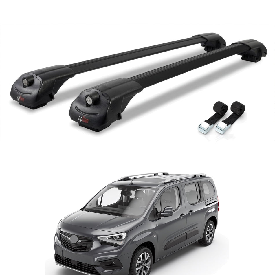 Roof Bars Compatible with Opel Combo E Life 2019-2022, Black, 2 Bars with Straps