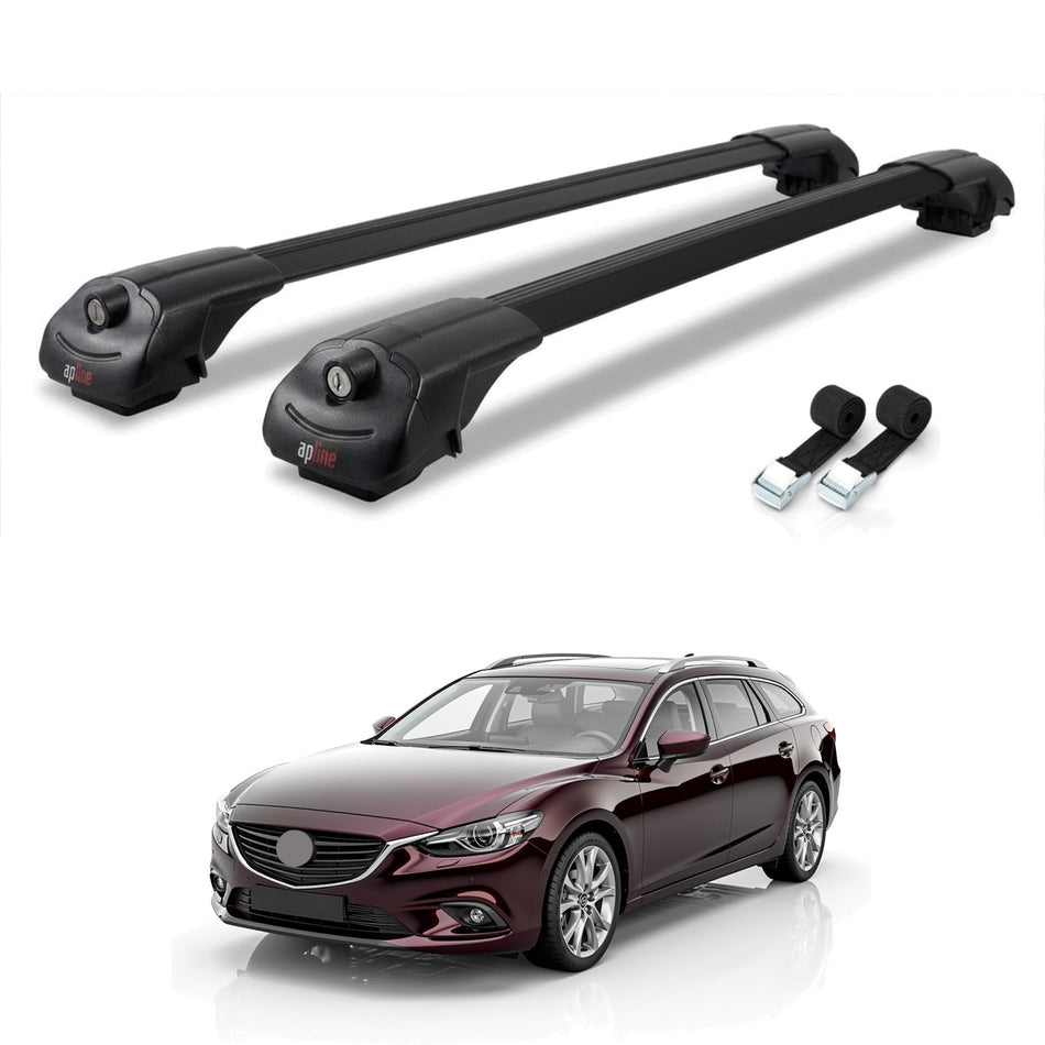 Roof Bars Compatible with Mazda 6 III (GJ1/GL) 2013-2022, Black, 2 Bars with Straps