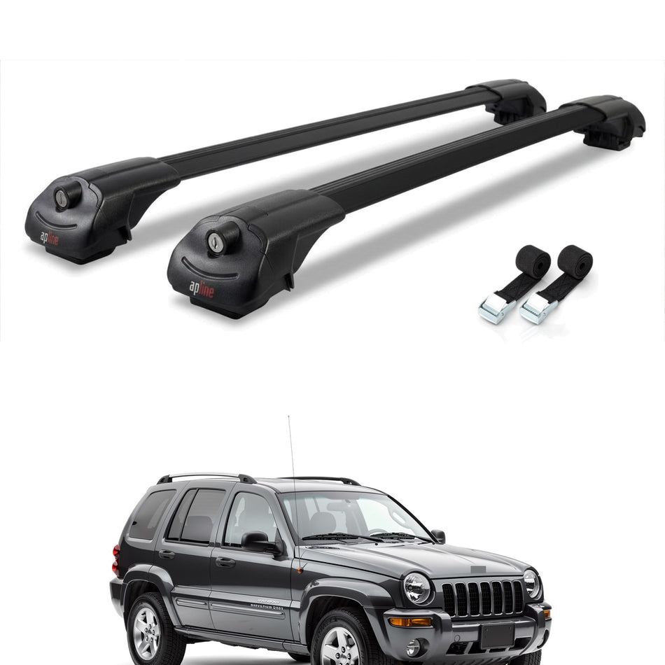 Roof Bars Compatible with Jeep Cherokee 3 (KJ) 2002-2007, Black, 2 Bars with Straps