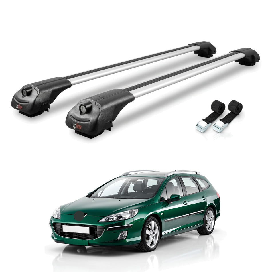 Roof Bars Compatible with Peugeot 407 SW 2005-2011, Grey, 2 Bars with Straps.