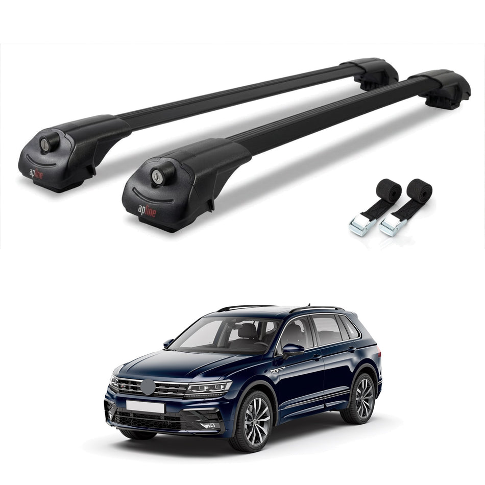 Roof Bars Compatible with Volkswagen Tiguan 2 (AX1) Post-Facelift 2020-2023, Black, 2 Bars with Straps