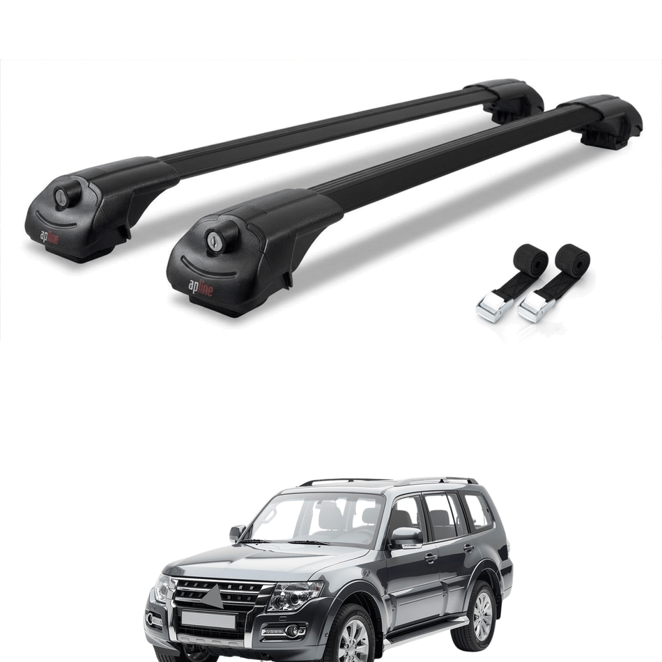 Roof Bars Compatible with Mitsubishi Pajero (V80) 2007-2022, Black, 2 Bars with Straps