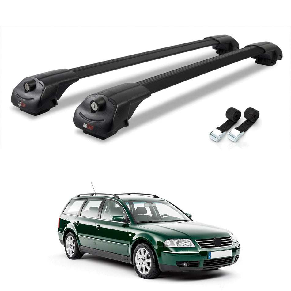 Roof Bars Compatible with VW Passat B5 Variant 1996-2005, Black, 2 Bars with Straps