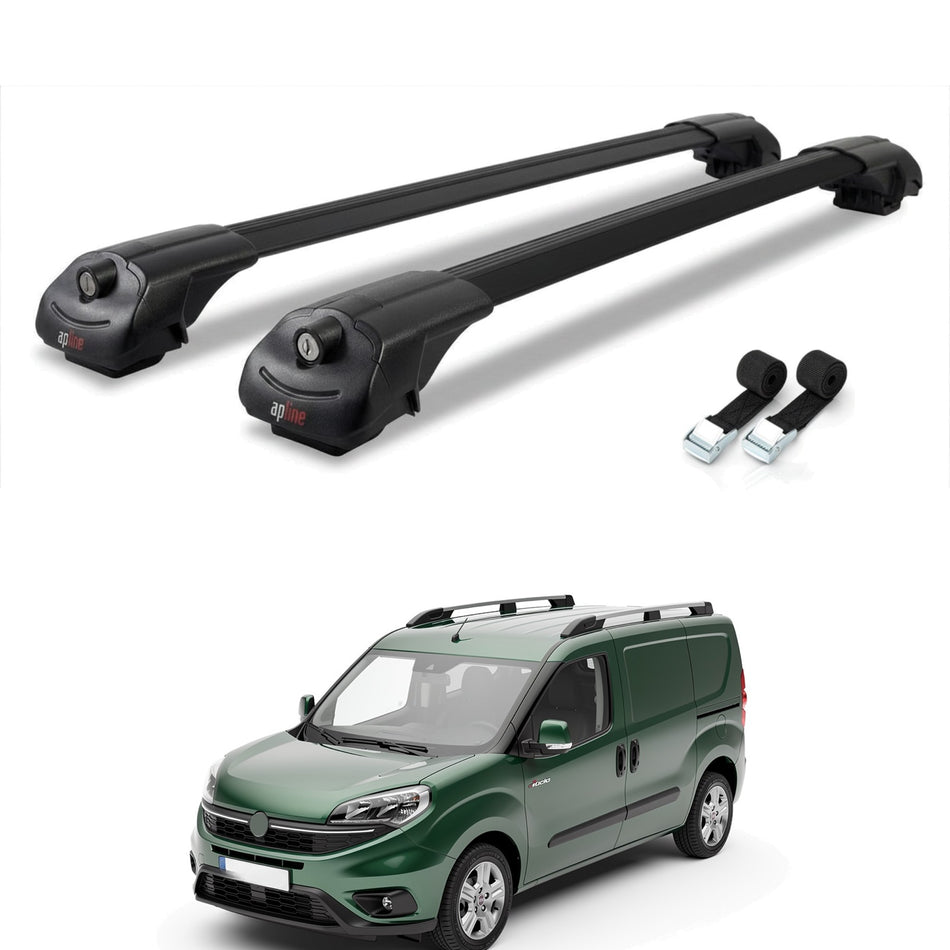 Roof Bars Compatible with Fiat Doblo 3 2023-2025, Black, 2 Bars with Straps