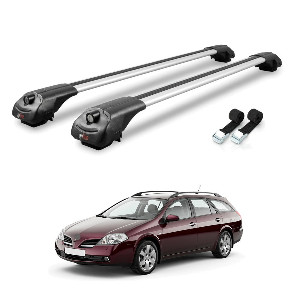 Roof Bars Compatible with Nissan Primera 3 (W12) Traveller 2002-2007, Grey, 2 Bars with Straps.