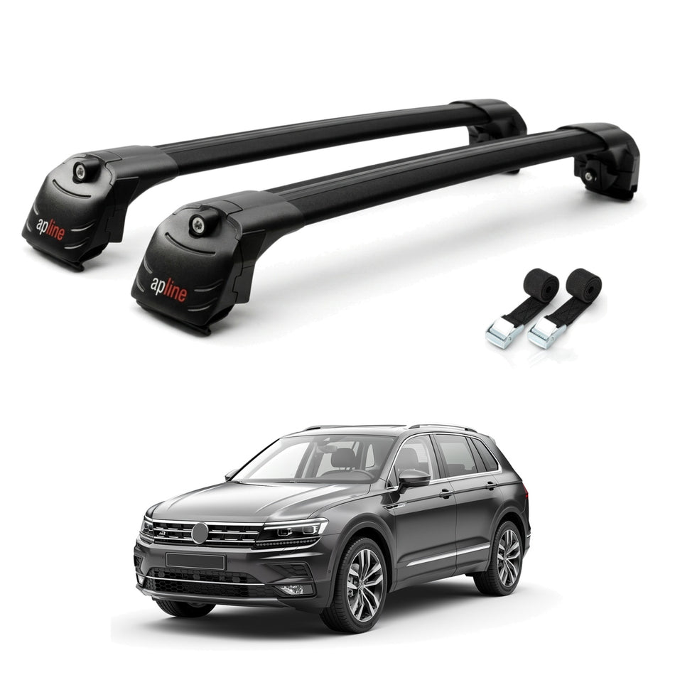 Roof Bars Compatible with Volkswagen Tiguan 2 (AD1) 2016-2023, Black, 2 Bars with Straps