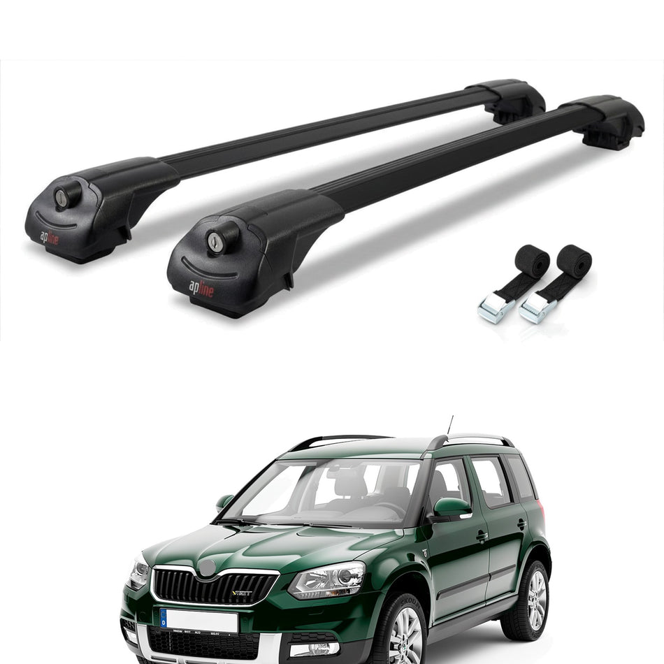 Roof Bars Compatible with Skoda Yeti 2009-2017, Black, 2 Bars with Straps