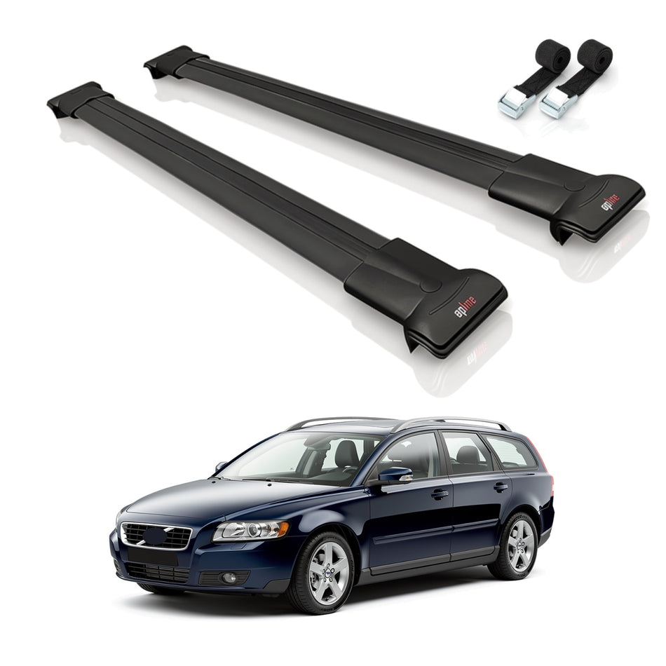 Roof Bars Compatible with Volvo V50 2004-2012, Black, 2 Bars with Straps