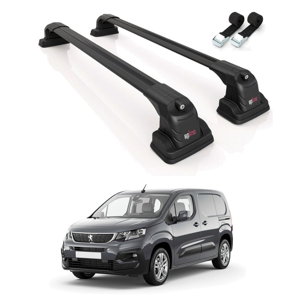 Roof Bars Compatible with Peugeot Partner 2019-2025, Black, 2 Bars with Straps