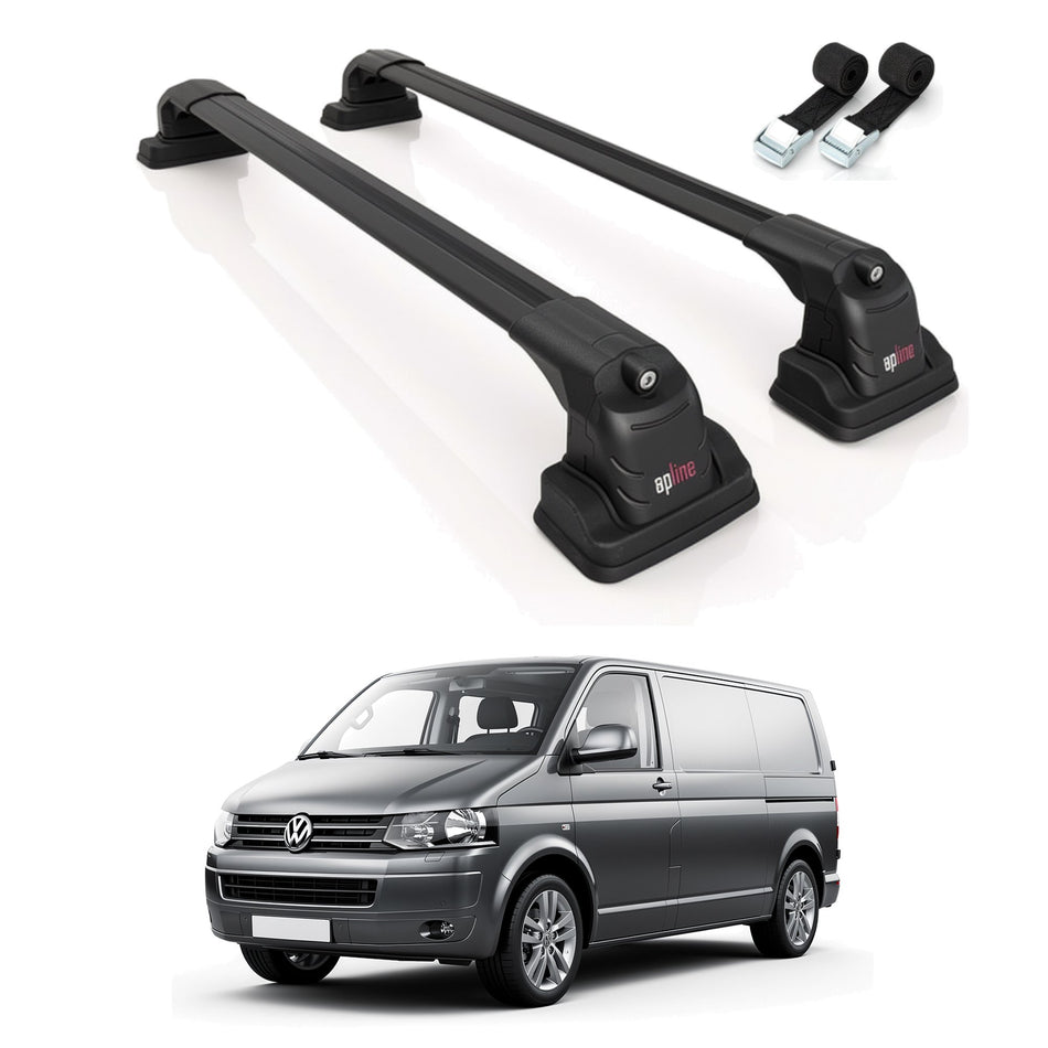 Roof Bars Compatible with Volkswagen Multivan (T5) 2003-2015, Black, 2 Bars with Straps