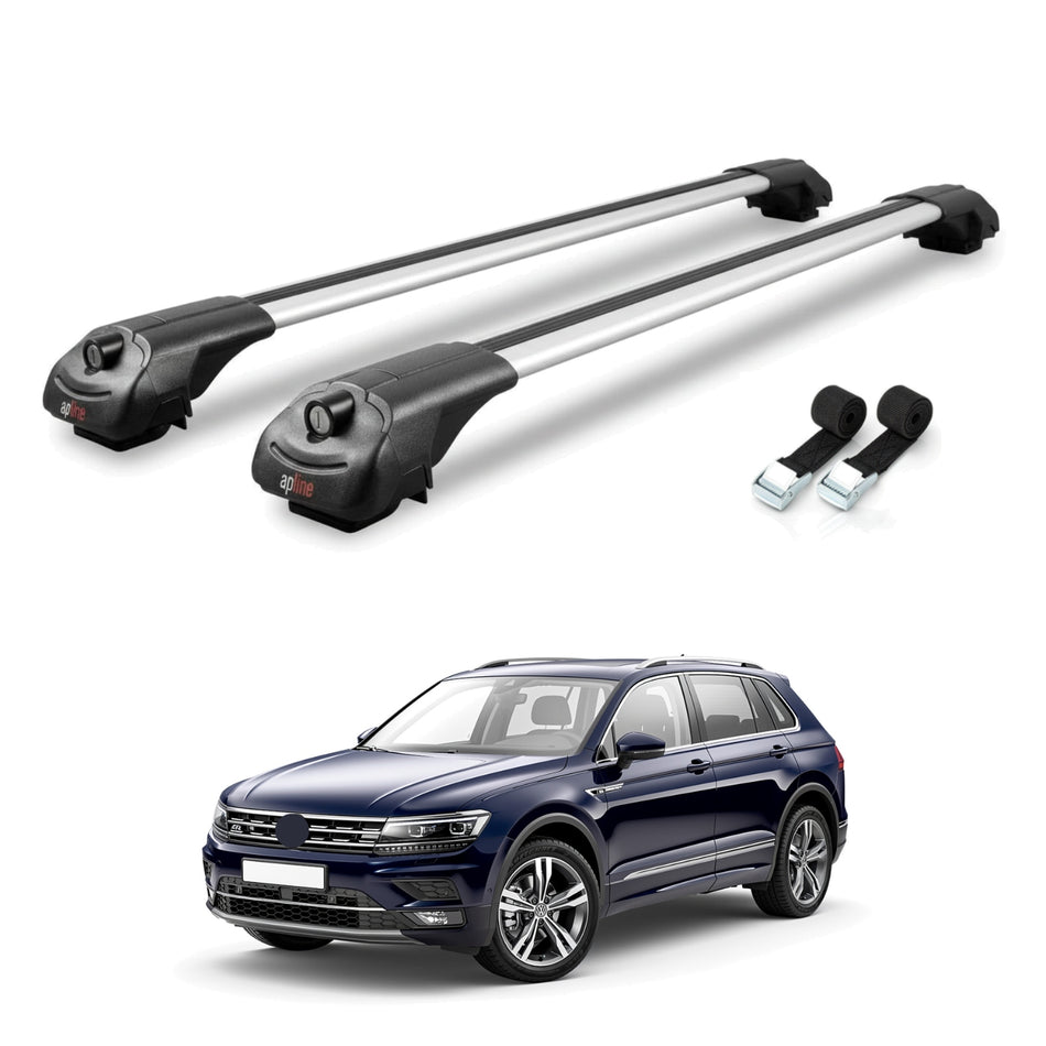 Roof Bars Compatible with Volkswagen Tiguan 2 Pre-Facelift 2016-2020, Grey, 2 Bars with Straps.