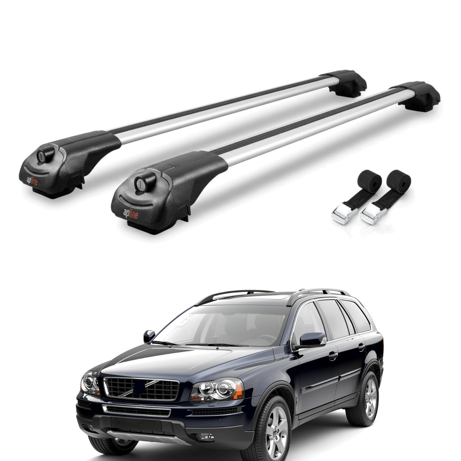 Roof Bars Compatible with Volvo XC90 2003-2014, Grey, 2 Bars with Straps.