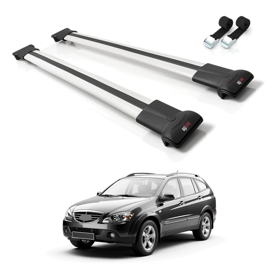 Roof Bars Compatible with Ssangyong Kyron 2005-2014, Grey, 2 Bars with Straps