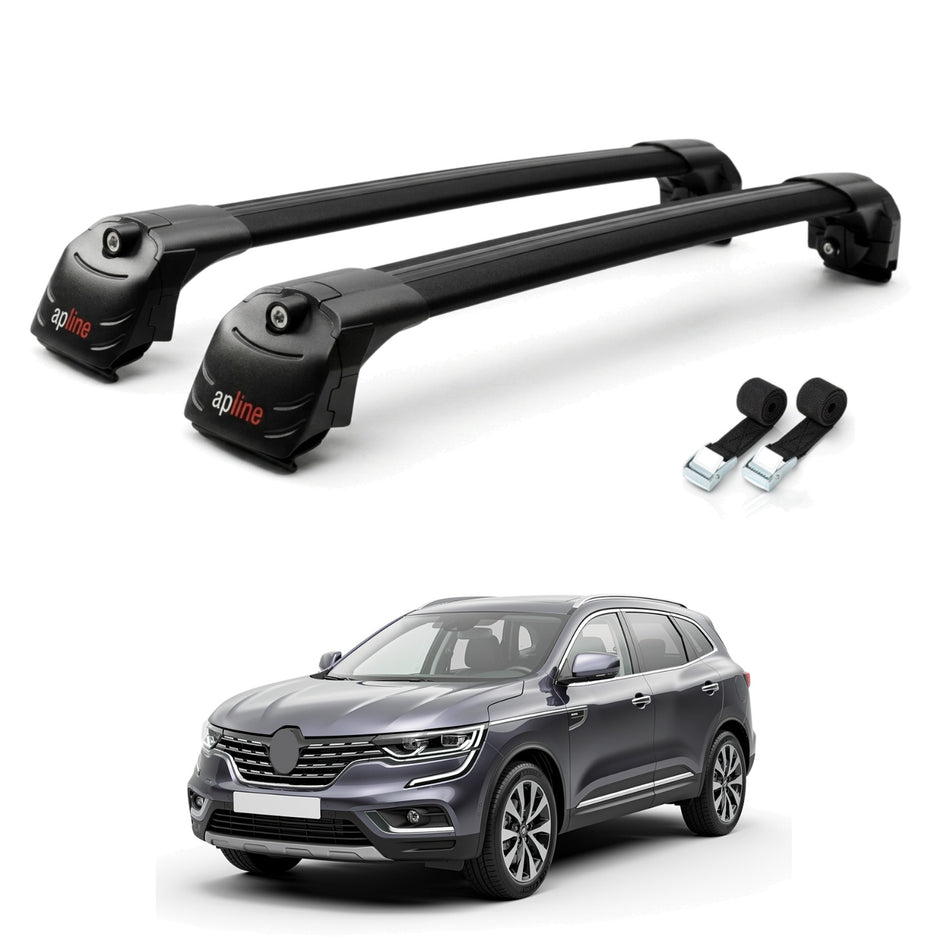 Roof Bars Compatible with Renault Koleos 2 (HC) 2017-2024, Black, 2 Bars with Straps