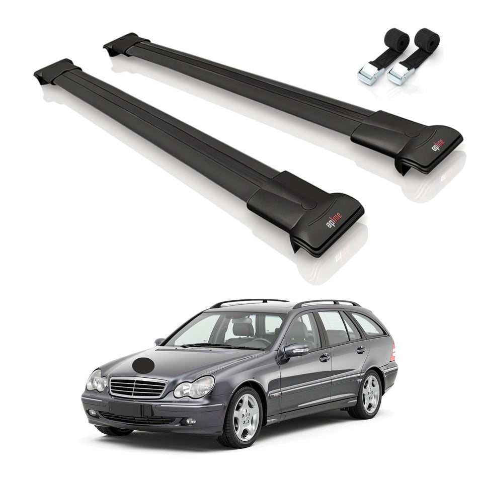Roof Bars Compatible with Mercedes C Class 2 (S203) 2000-2007, Black, 2 Bars with Straps
