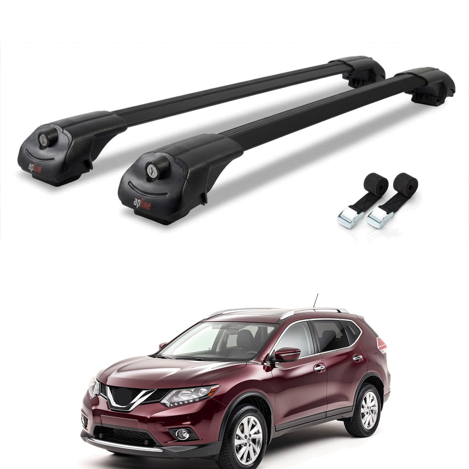 Roof Bars Compatible with Nissan Rogue 2 (T32) 2014-2020, Black, 2 Bars with Straps