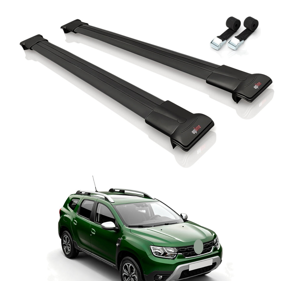 Roof Bars Compatible with Renault Duster 2 (HM) 2018-2024, Black, 2 Bars with Straps