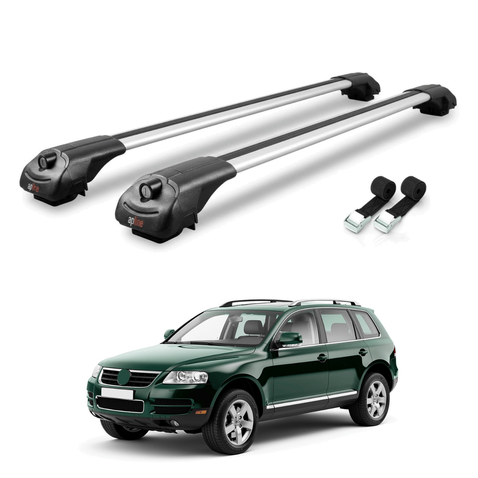 Roof Bars Compatible with Volkswagen Touareg (7L) 2003-2010, Grey, 2 Bars with Straps.