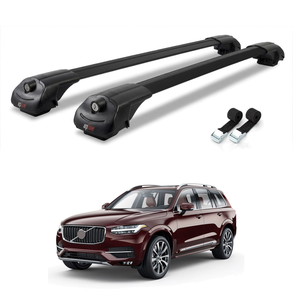 Roof Bars Compatible with Volvo XC90 II 2015-2025, Black, 2 Bars with Straps