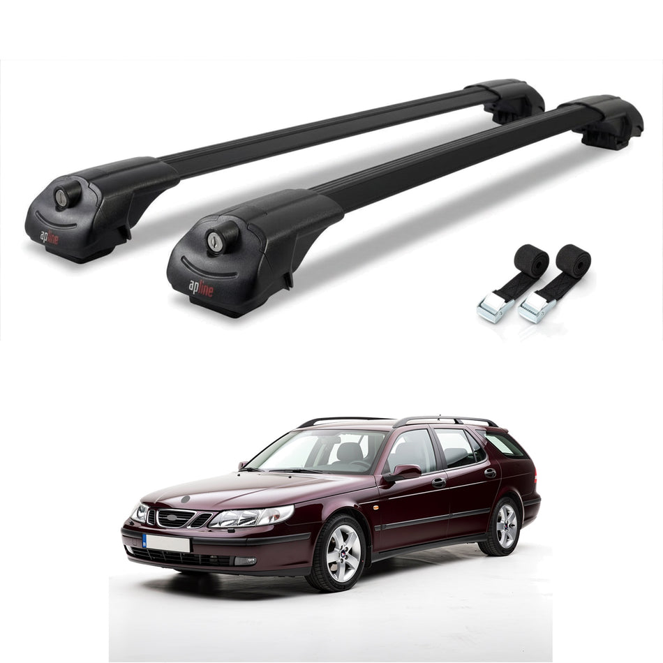 Roof Bars Compatible with Saab 9-5 (YS3E) SW 1998-2010, Black, 2 Bars with Straps