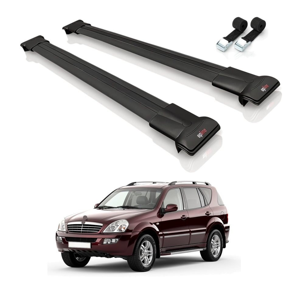Roof Bars Compatible with Ssangyong Rexton (Y200) 2001-2005, Black, 2 Bars with Straps