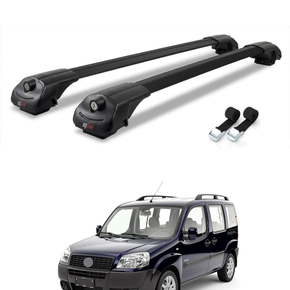Roof Bars Compatible with Fiat Doblo 2000-2009, Black, 2 Bars with Straps